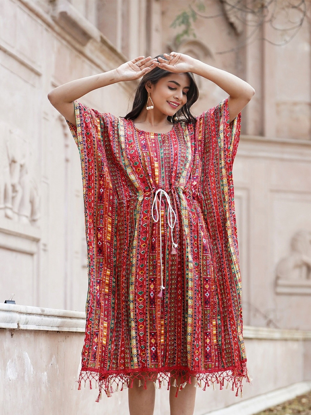 

Kesarya Ethnic Motifs Printed Kimono Sleeves Kaftan Dress, Red
