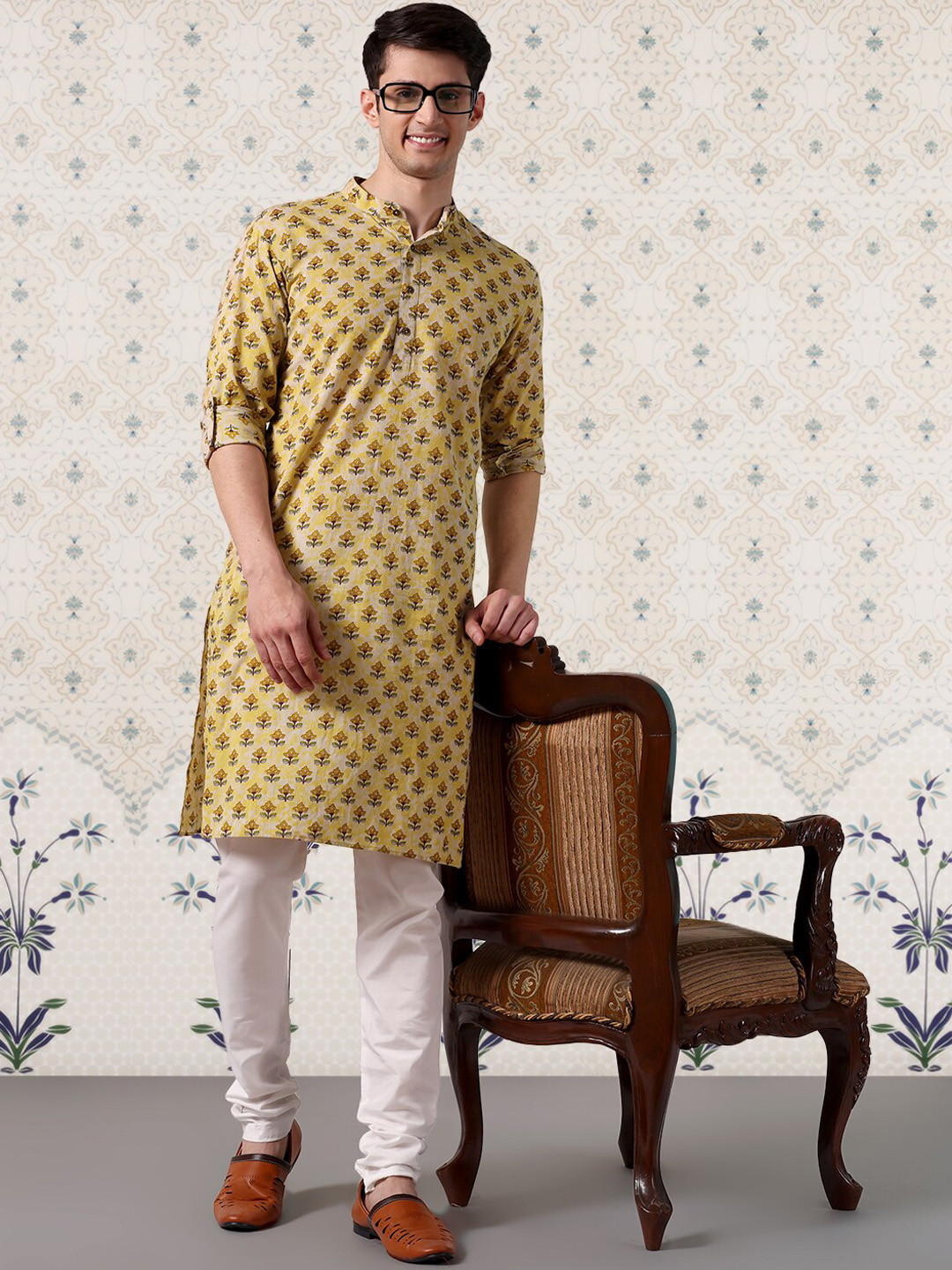 

Ode by House of Pataudi Yellow & White Floral Printed Pure Cotton Kurta With Churidar