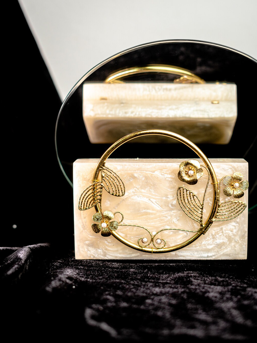

NR By Nidhi Rathi Embellished Water Resistant Box Clutch With Attractive Brass Handle, Beige