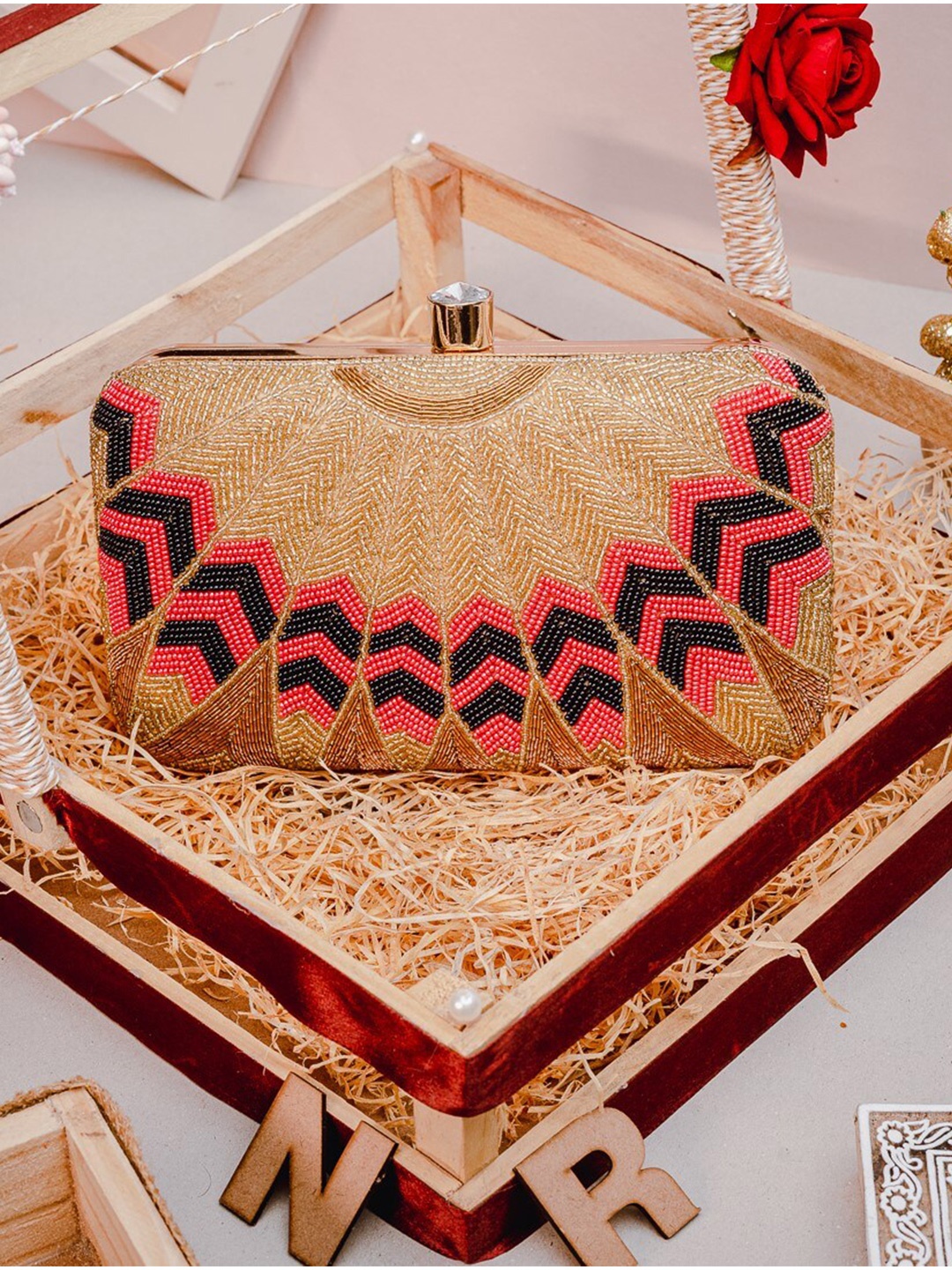 

NR By Nidhi Rathi Women Embroidered Box Clutch, Gold