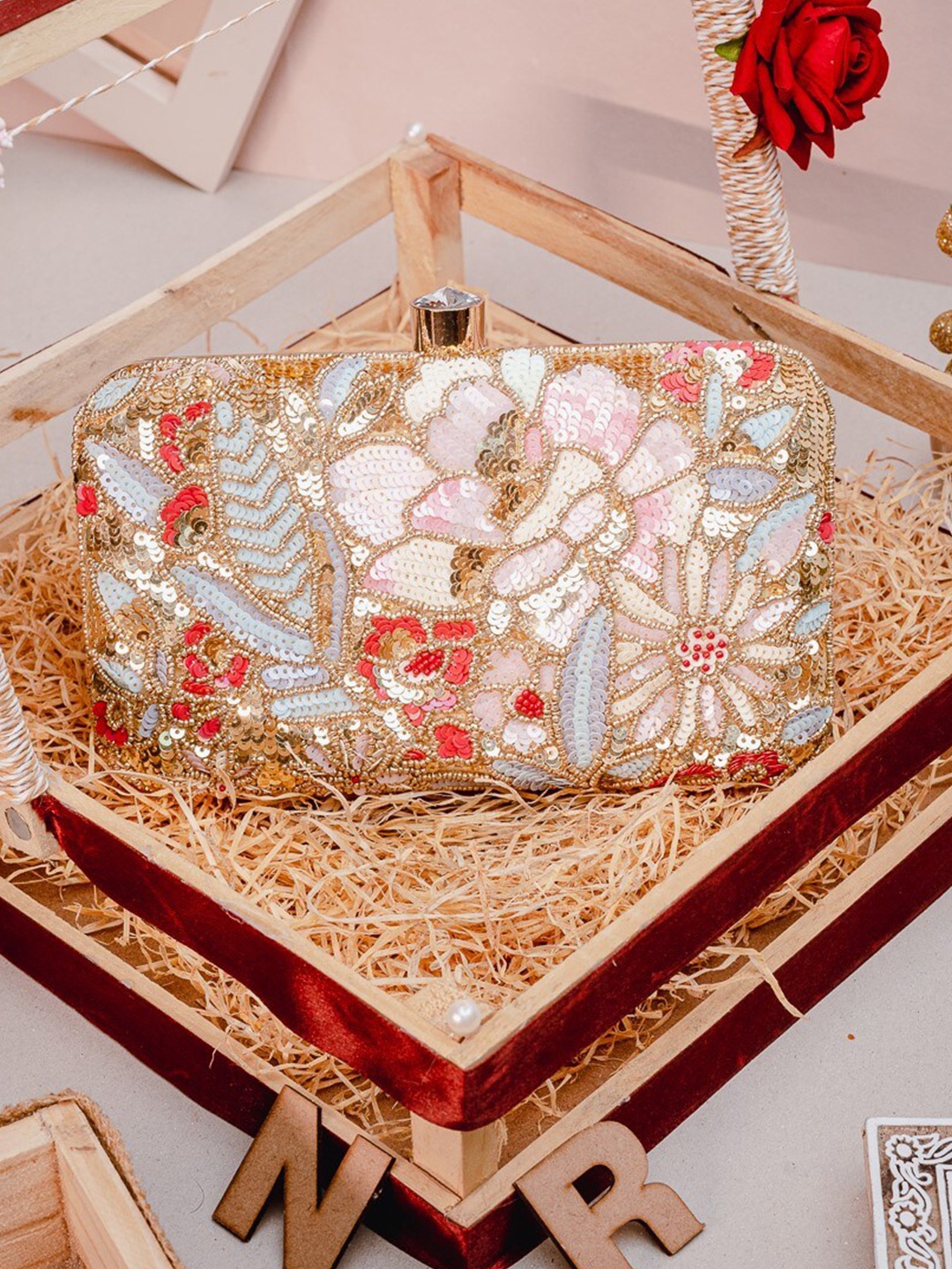 

NR By Nidhi Rathi Embroidered Water Resistant Box Clutch With Attractive Brass Handle, Grey