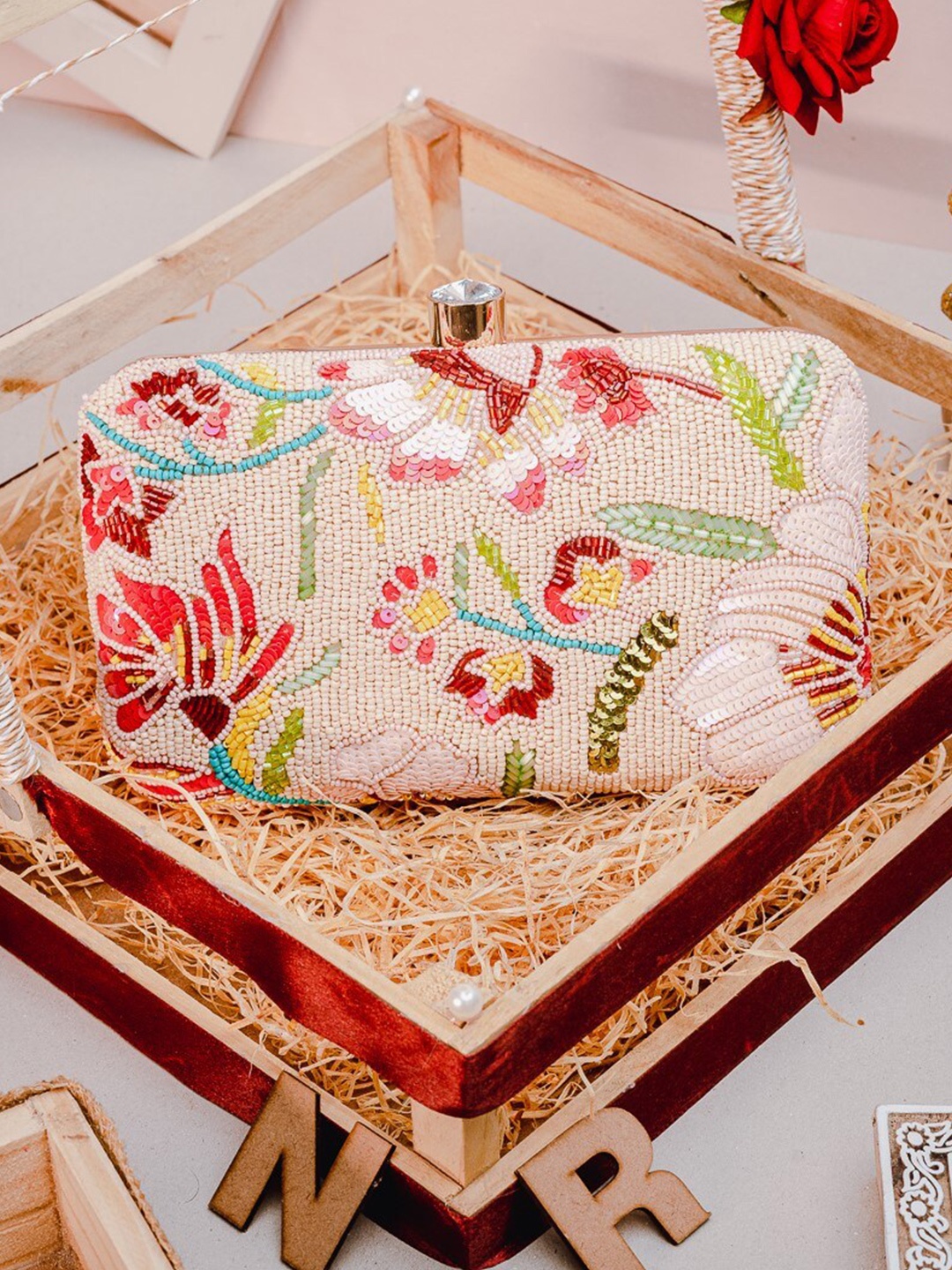 

NR By Nidhi Rathi Embroidered Water Resistant Box Clutch With Attractive Brass Handle, Peach