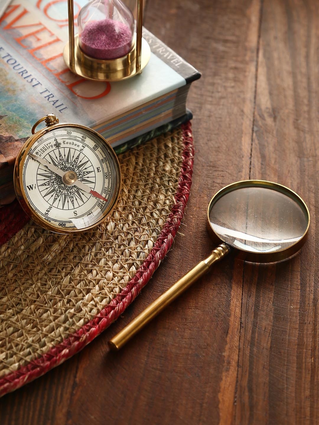 

Amoliconcepts Gold Toned 2 Pieces Magnifying Glass & Compass Curio Showpieces