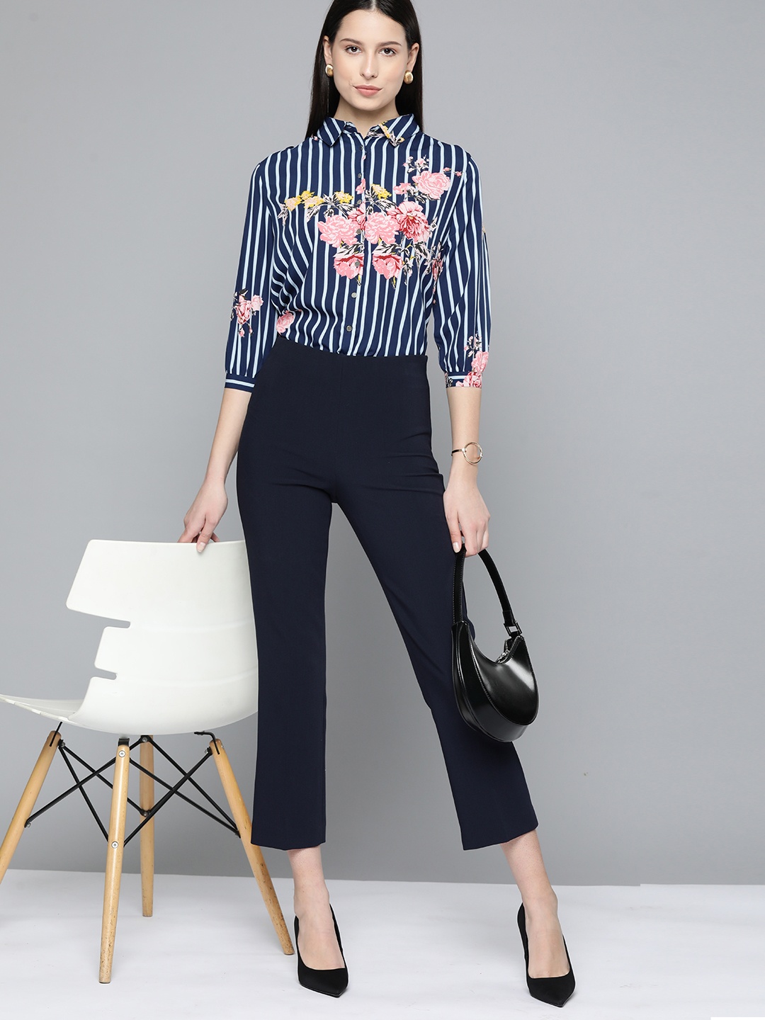 

Chemistry Women Striped with Floral Print Shirt, Navy blue