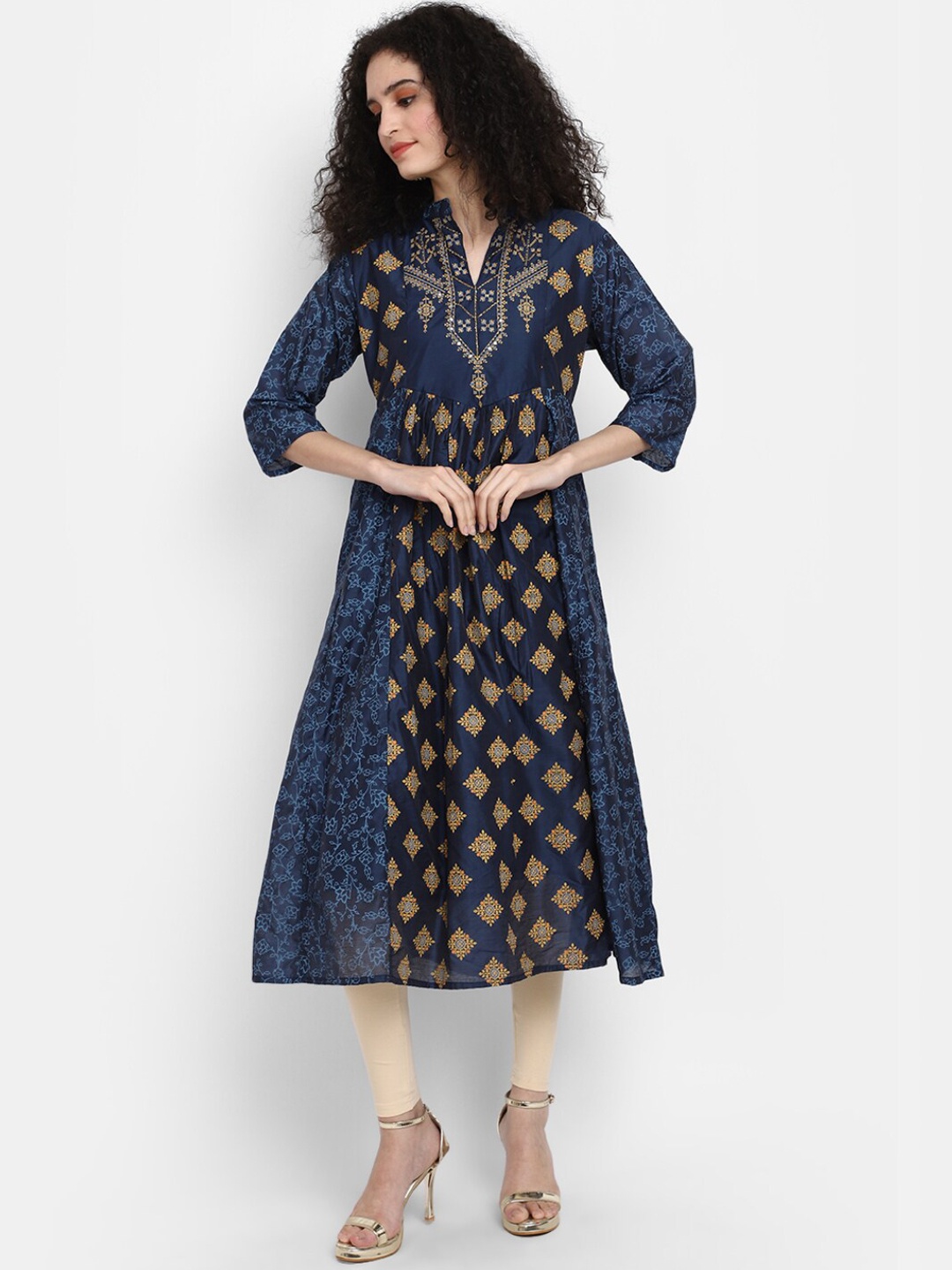 

V-Mart Mandarin Collar Ethnic Motifs Printed Sequined A-Line Kurta, Navy blue