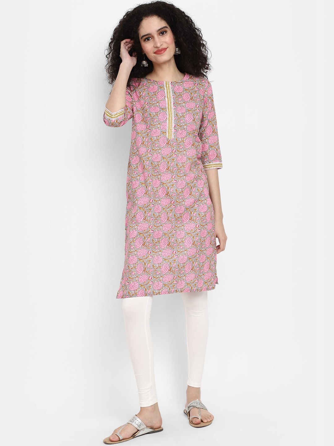 

V-Mart Round Neck Floral Printed Straight Pure Cotton Kurta, Grey