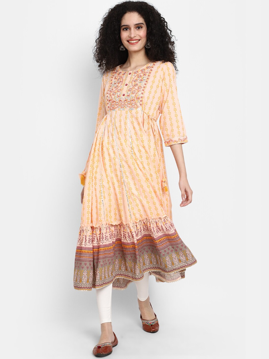 

V-Mart Ethnic Motifs Printed Mirror Work Anarkali Pure Cotton Kurta, Peach