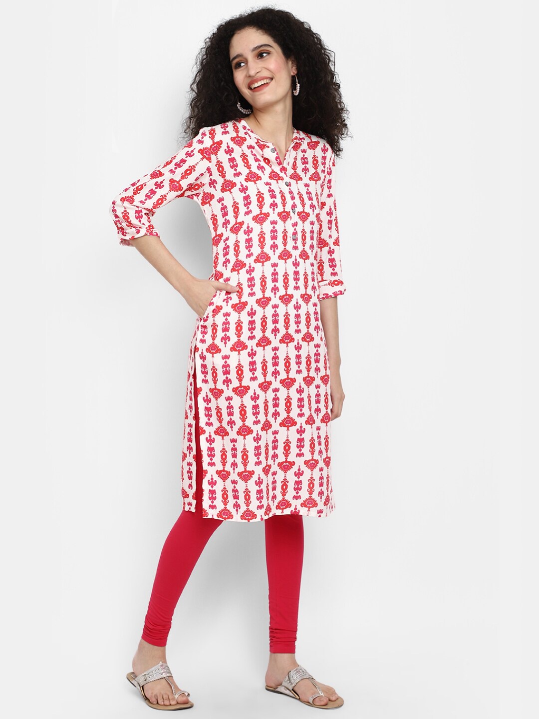 

V-Mart Mandarin Collar Ethnic Motifs Printed Pure Cotton Kurta, White