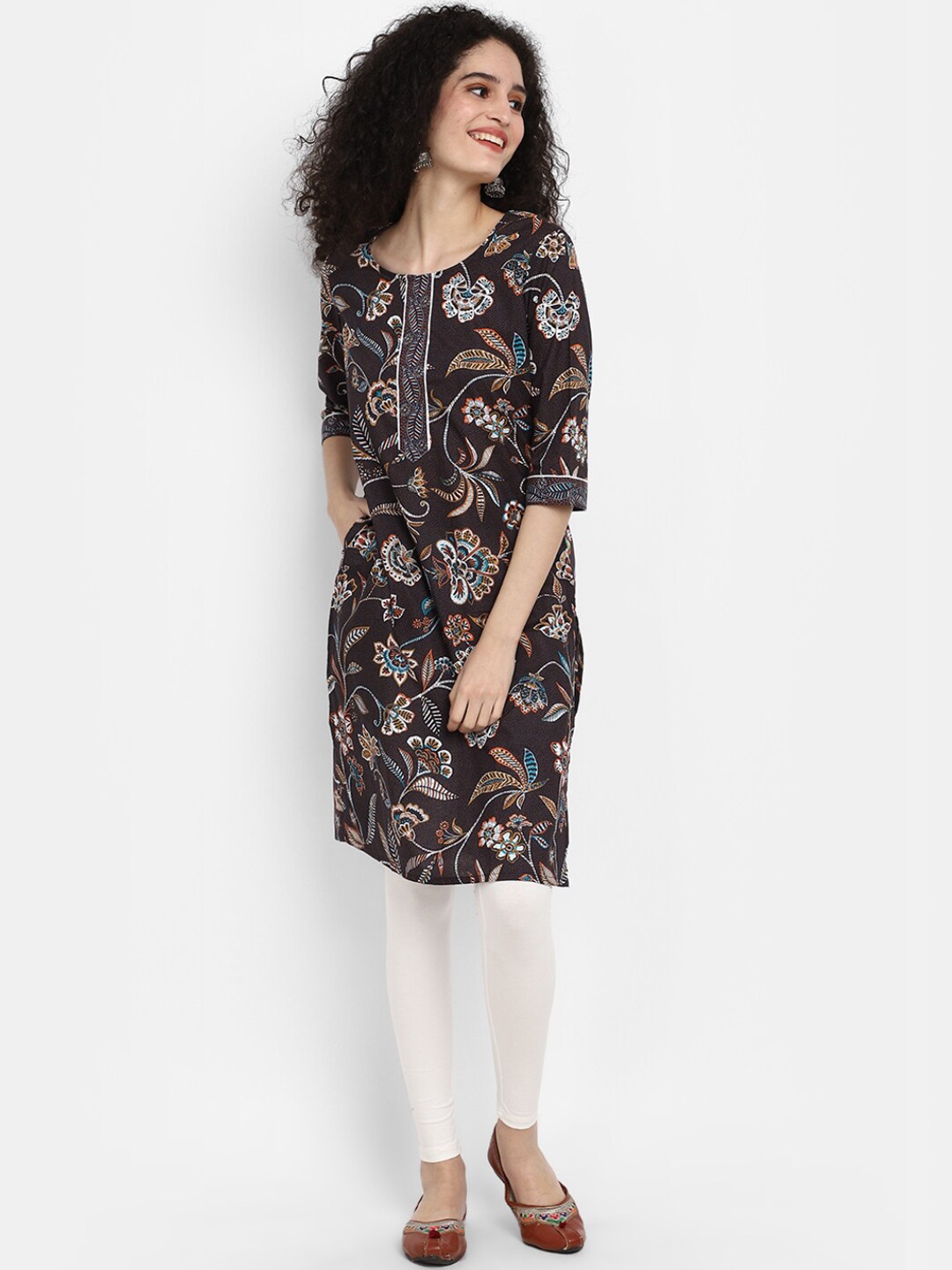 

V-Mart Floral Printed Cotton Kurta, Brown