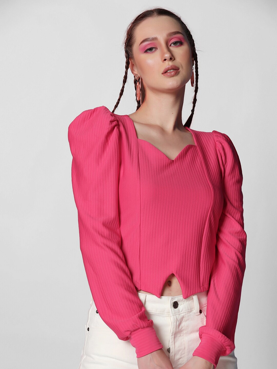 

Selvia Long Puff Sleeve Sweet-Heart Neck Knitted Crop Top, Pink