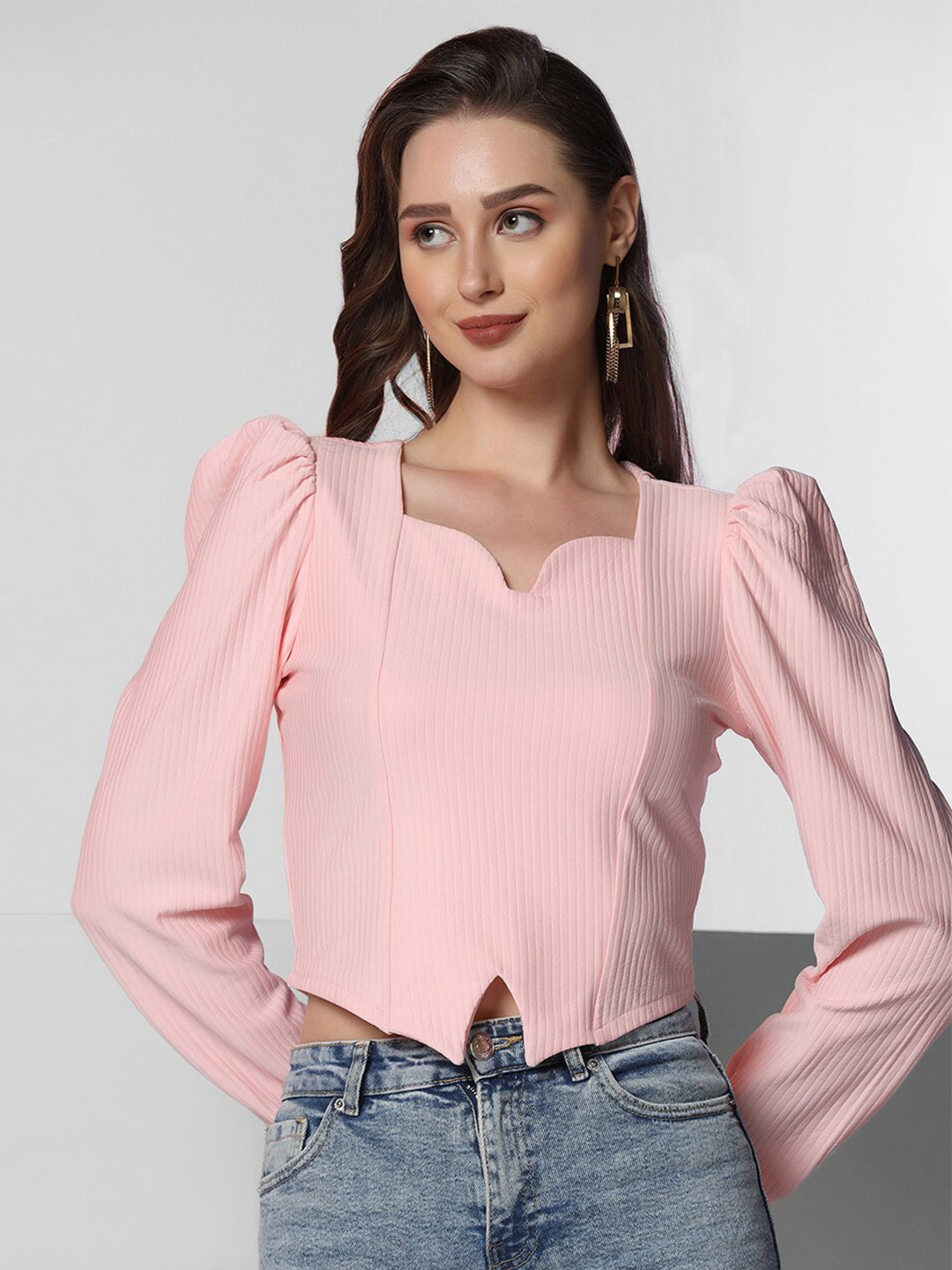 

Selvia Long Puff Sleeve Sweet-Heart Neck Knitted Crop Top, Pink