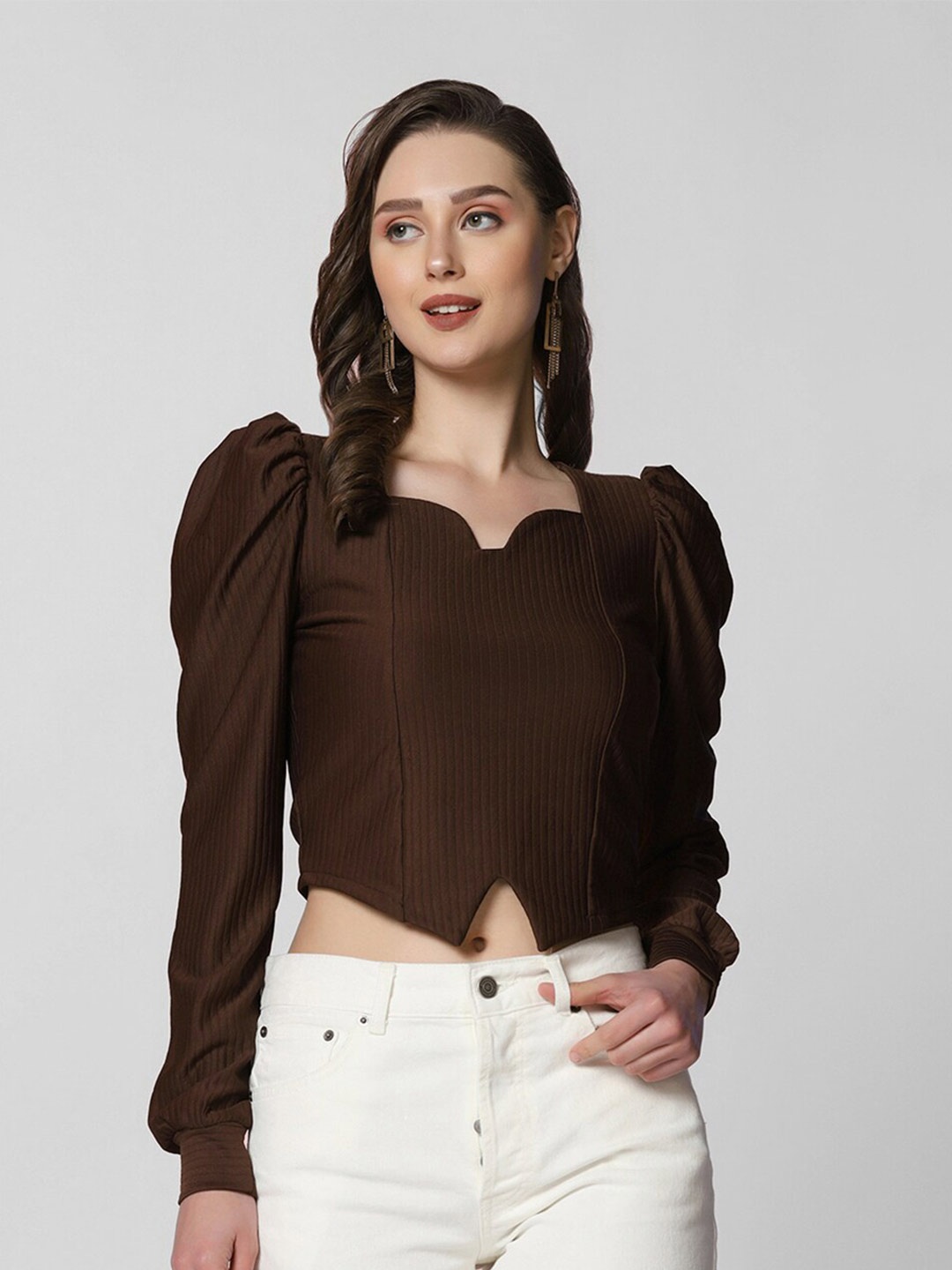 

Selvia Long Puff Sleeve Sweet-Heart Neck Knitted Crop Top, Brown