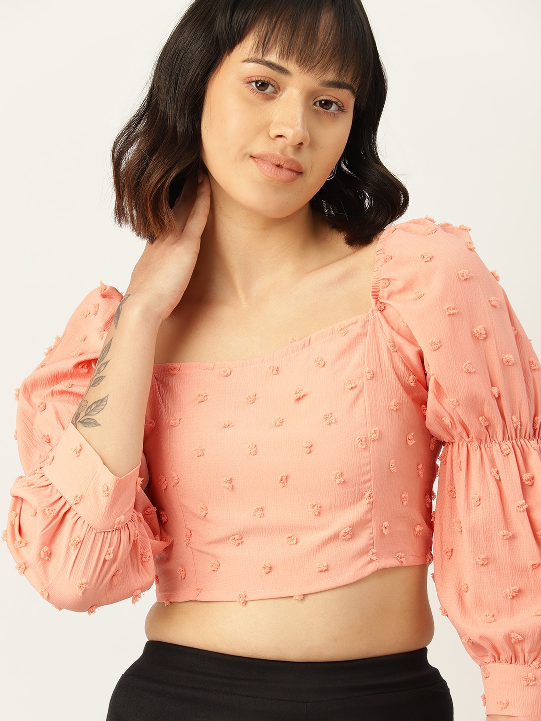 

DressBerry Puff Sleeves Blouson Crop Top, Peach