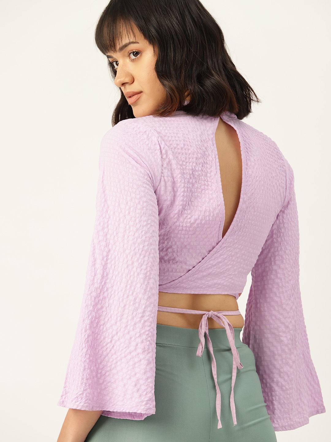 

DressBerry Flared Sleeves Styled Back Crop Top With Waist Tie-Ups, Lavender