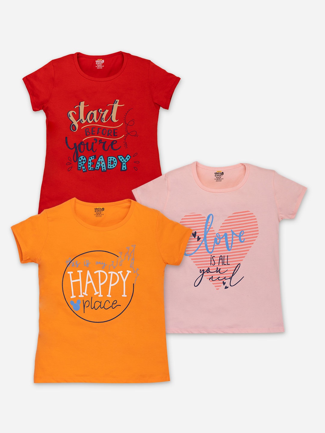 

AMUL Kandyfloss Girls Pack Of 3 Typography Printed Pure Cotton T-shirt, Orange