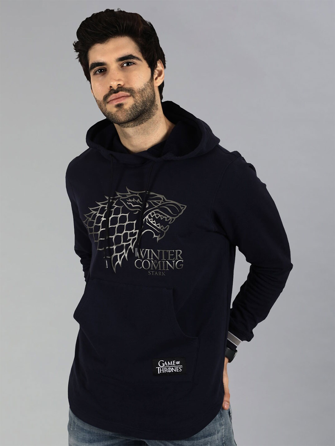 

Game Of Thrones House Stark Crest Logo Printed Hooded Cotton Sweatshirt, Navy blue