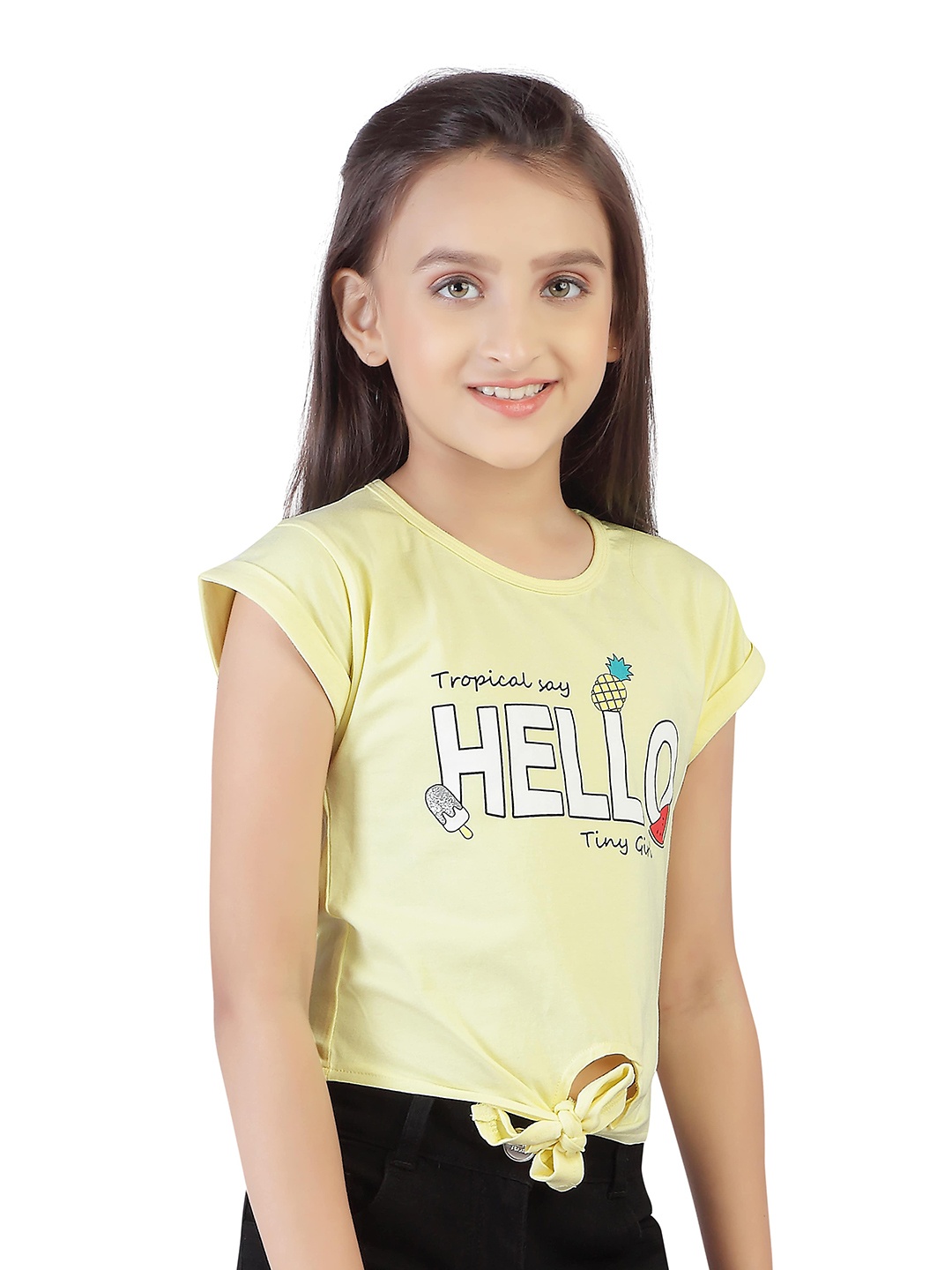 

Tiny Girl Typography Printed Tie Up Cotton Top, Yellow
