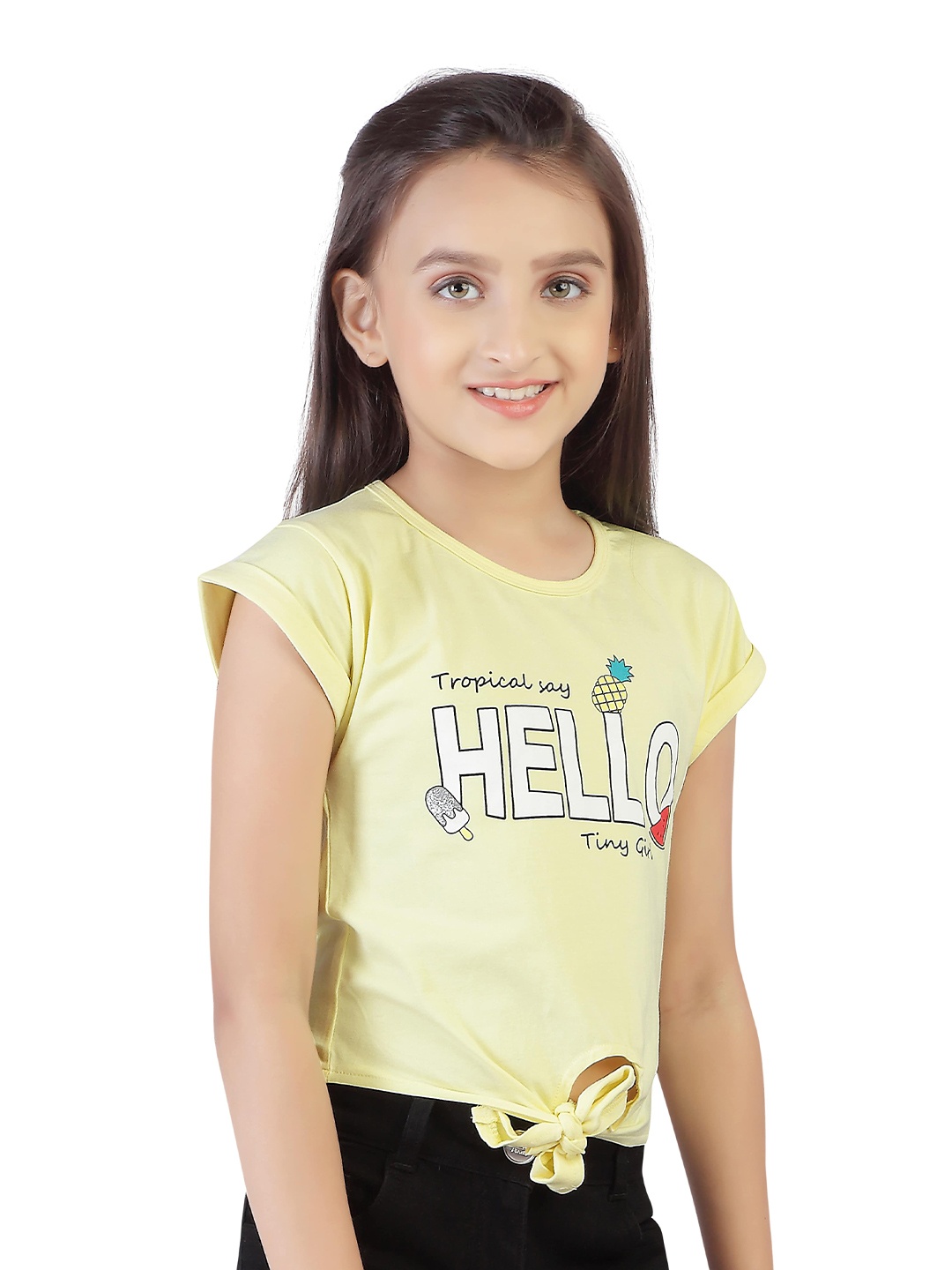 

Tiny Girl Typography Printed Tie Up Cotton Top, Yellow