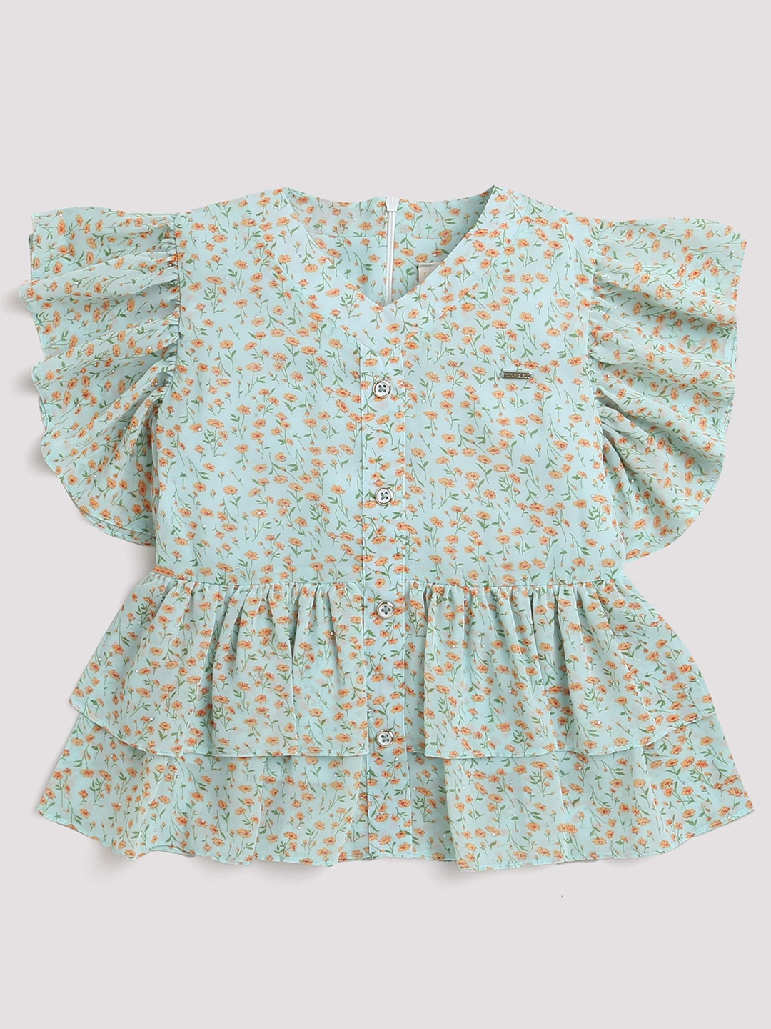 

Tiny Girl Floral Printed V-Neck Flutter Sleeves Regular Top, Green