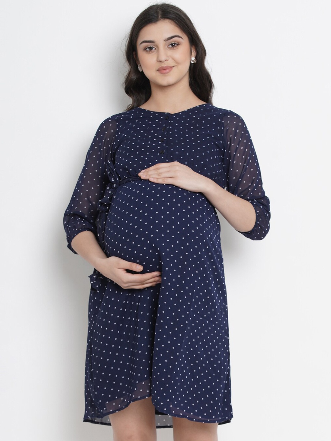 

Mine4Nine Polka Dot Printed Georgette A-Line Maternity Dress, Navy blue