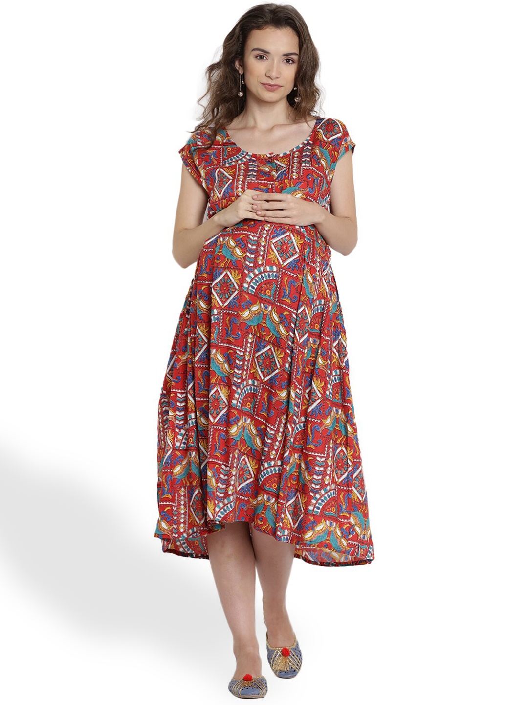 

Mine4Nine Ethnic Motifs Printed A-Line Midi Maternity Dress, Red