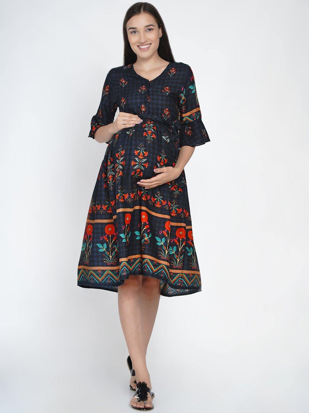 

Mine4Nine Floral Printed Fit & Flare Midi Maternity Dress, Black
