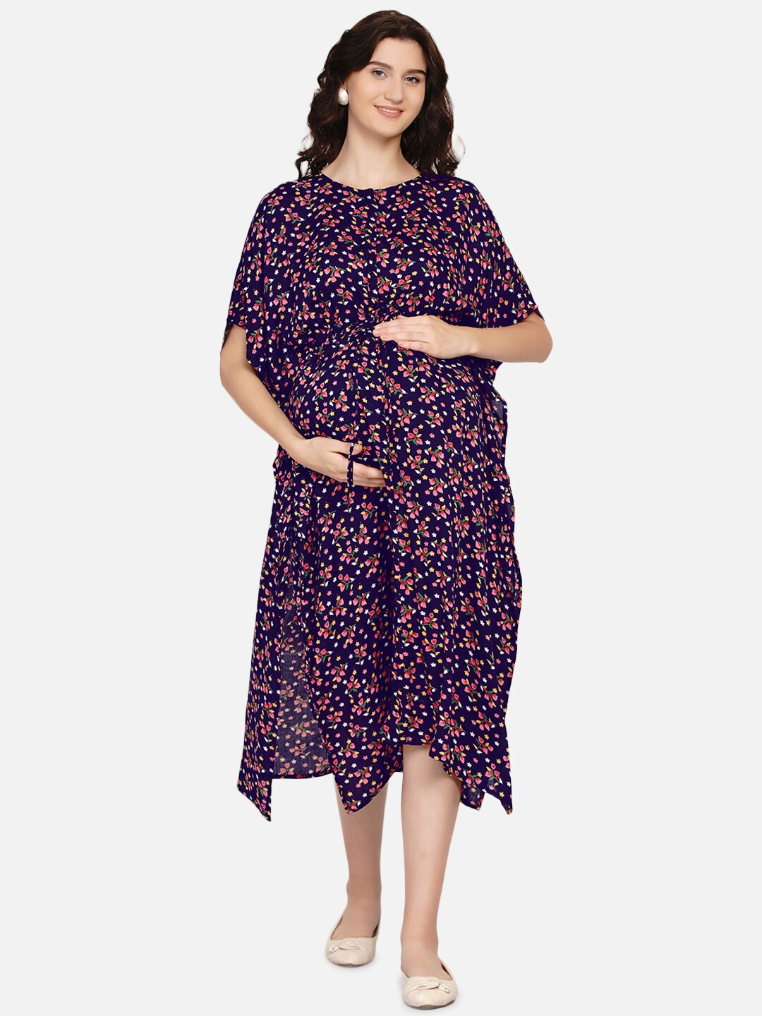 

Mine4Nine Floral Printed A-Line Maternity Midi Kaftan Dress, Navy blue