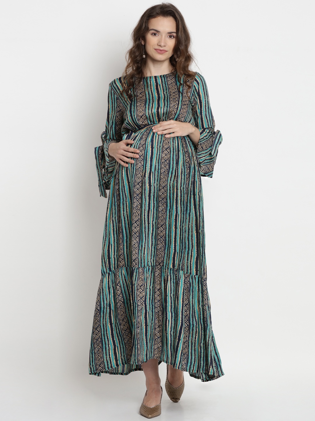 

Mine4Nine Ethnic Motifs Print Bell Sleeve Maxi Maternity Dress, Green