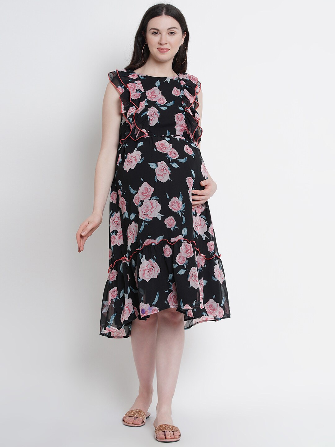 

Mine4Nine Floral Printed Georgette Fit & Flare Maternity Dress, Black