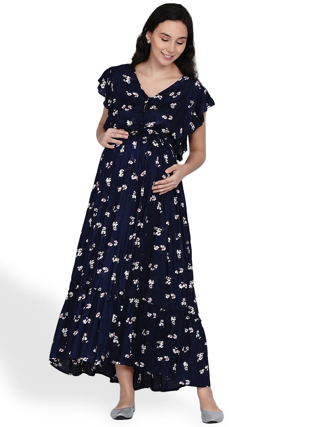 

Mine4Nine Floral Printed Maternity Maxi Dress, Navy blue