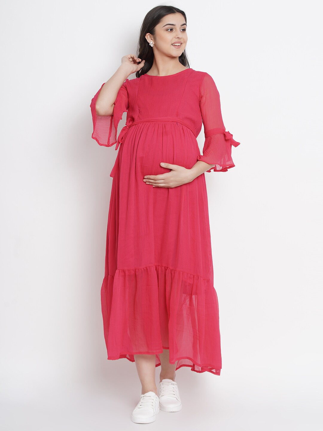 

Mine4Nine Bell Sleeves Chiffon Maxi Midi Maternity Dress, Pink