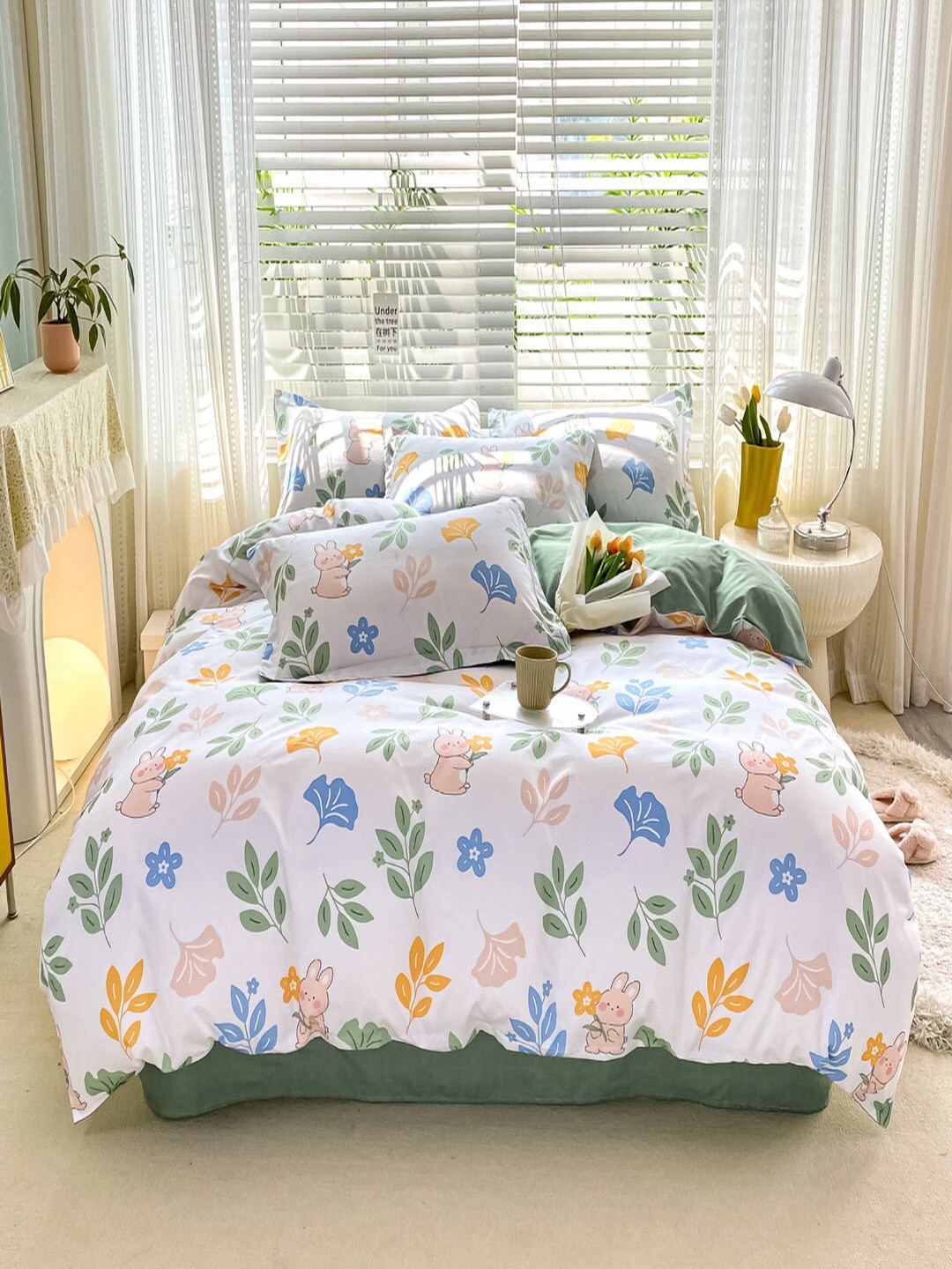 

JC HOME Green Floral Printed Single Bedding Set, White