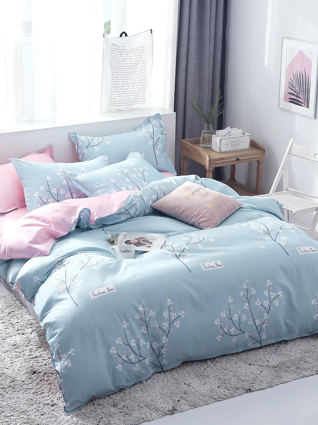 

JC Collection Pink & Blue Floral Printed Single Bedding Set