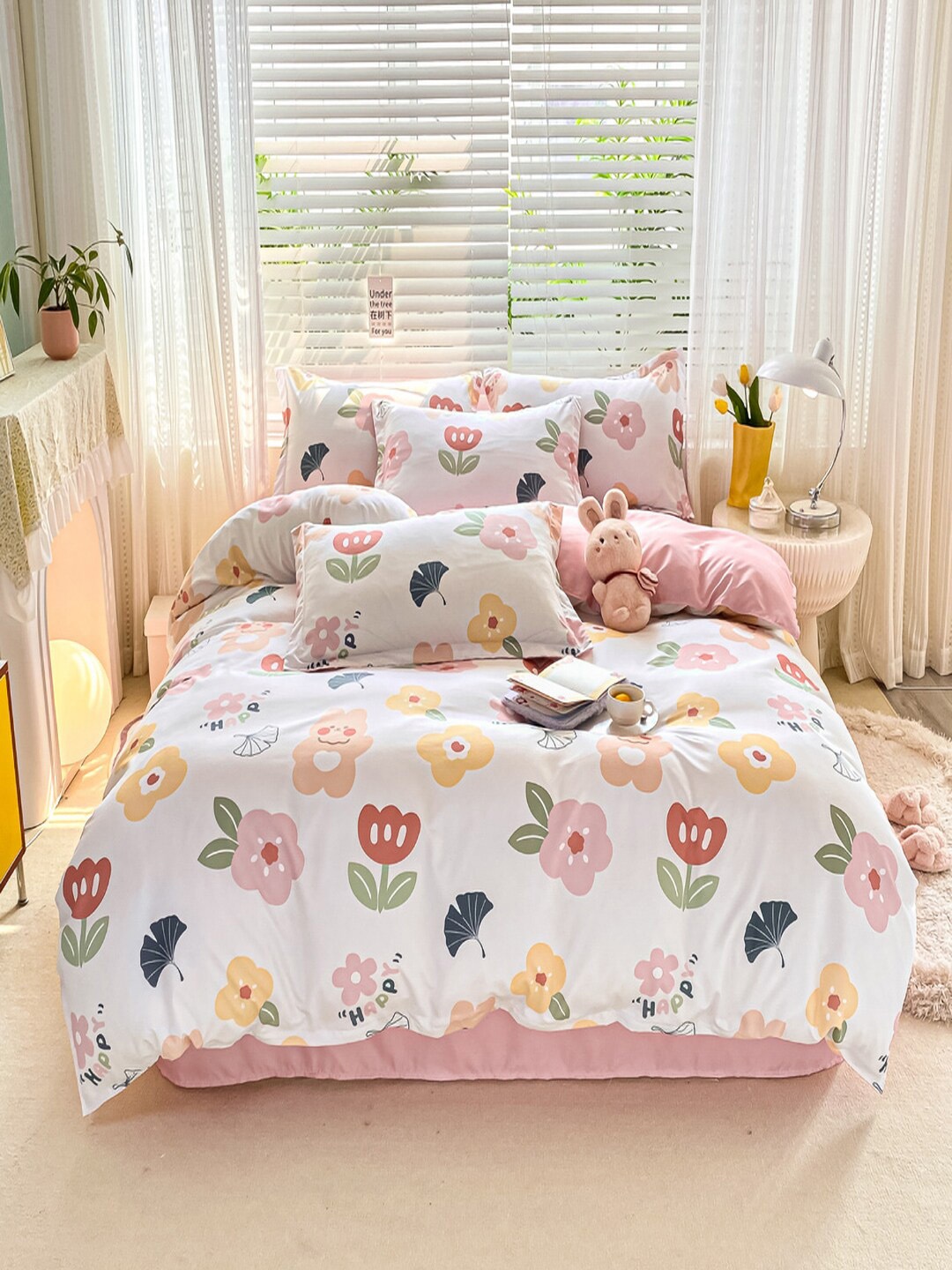 

JC HOME White & Pink Floral Printed Double King Bedding Set