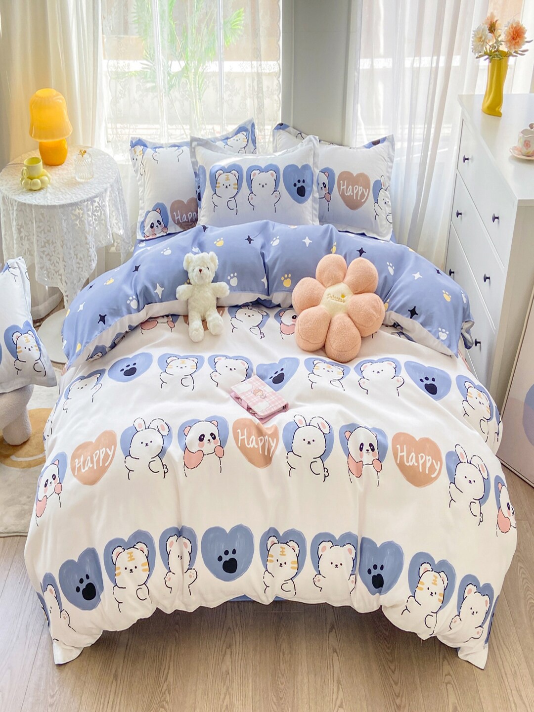 

JC Collection White & Blue Printed Single Bed Bedding Set