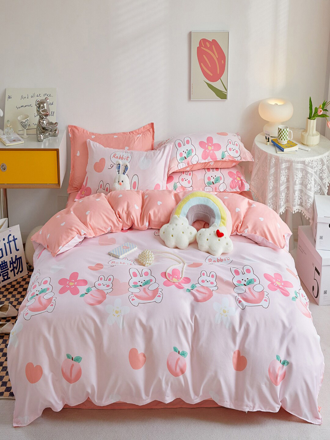 

JC Collection Pink & White Printed Double Extra Large Bedding Set