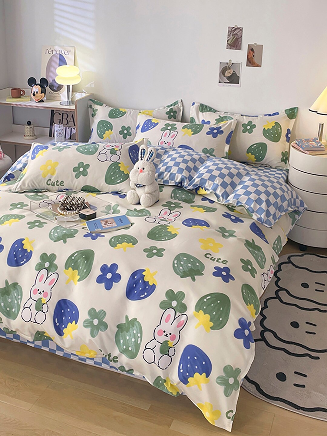 

JC Collection White & Blue Self-Designed Double Queen Bedding Set