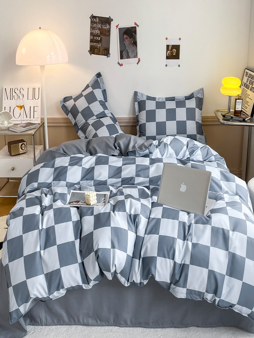 

JC HOME Grey & White Checked Double King Bedding Set