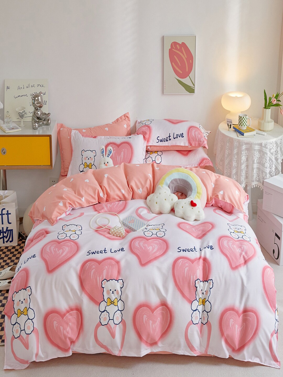 

JC Collection White & Pink Floral Printed Double Queen Bedding Set