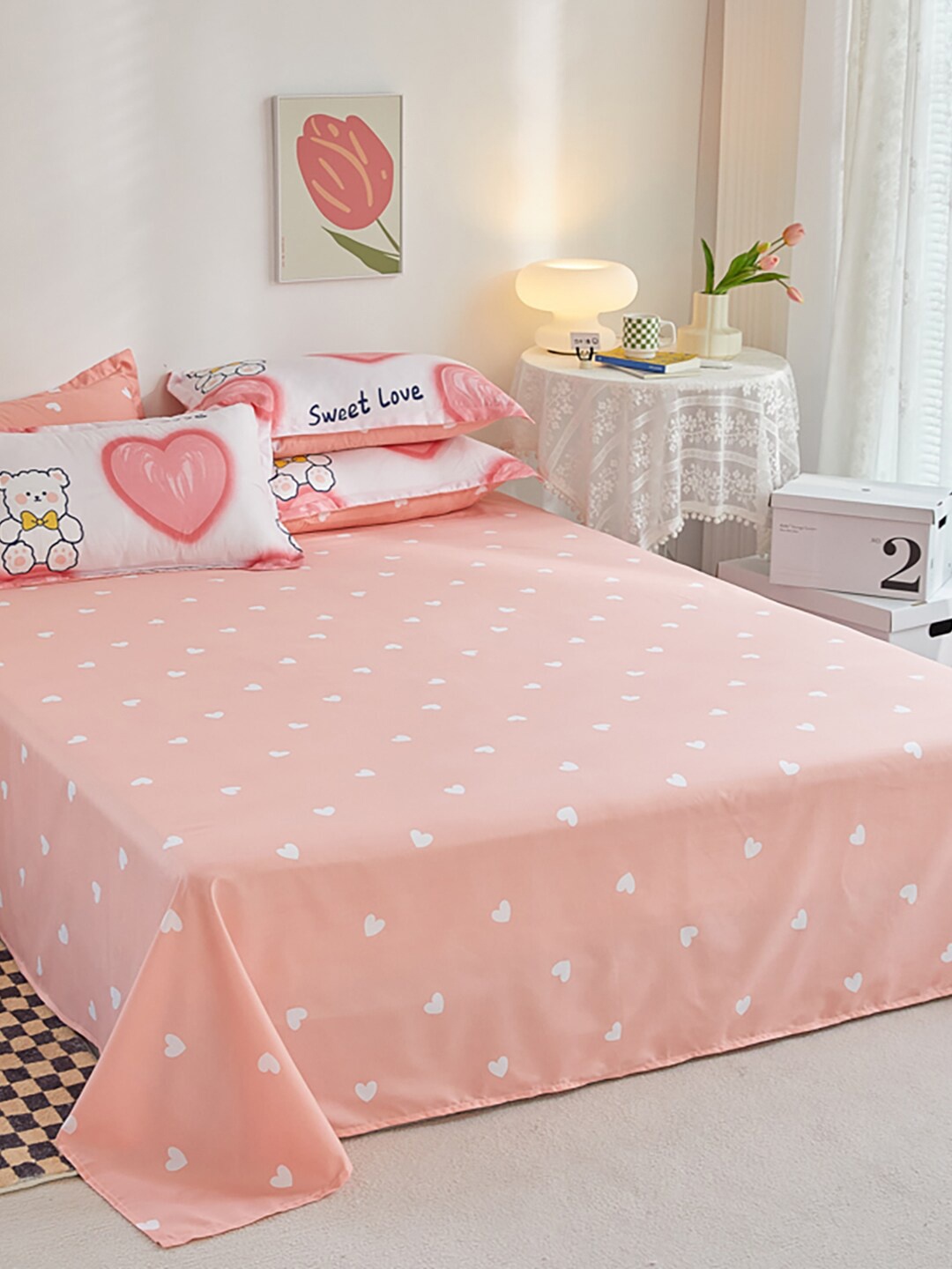 

JC Collection White & Pink Printed Double Extra Large Bedding Set