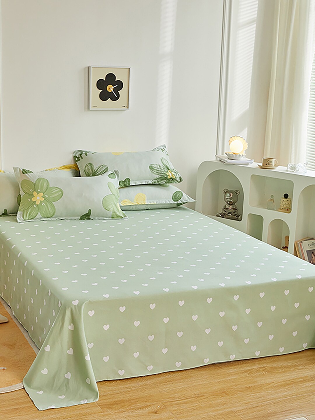 

JC HOME Green & White Floral Printed Double Extra Large Bedding Set