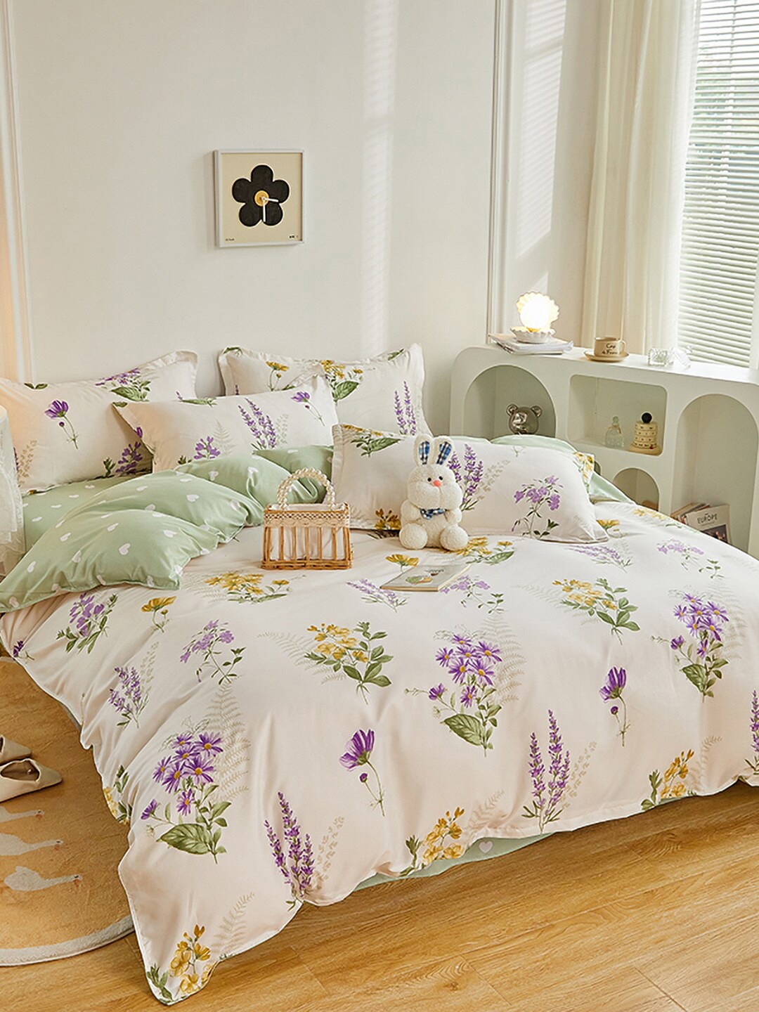 

JC HOME White & Green Printed Double King Bedding Set