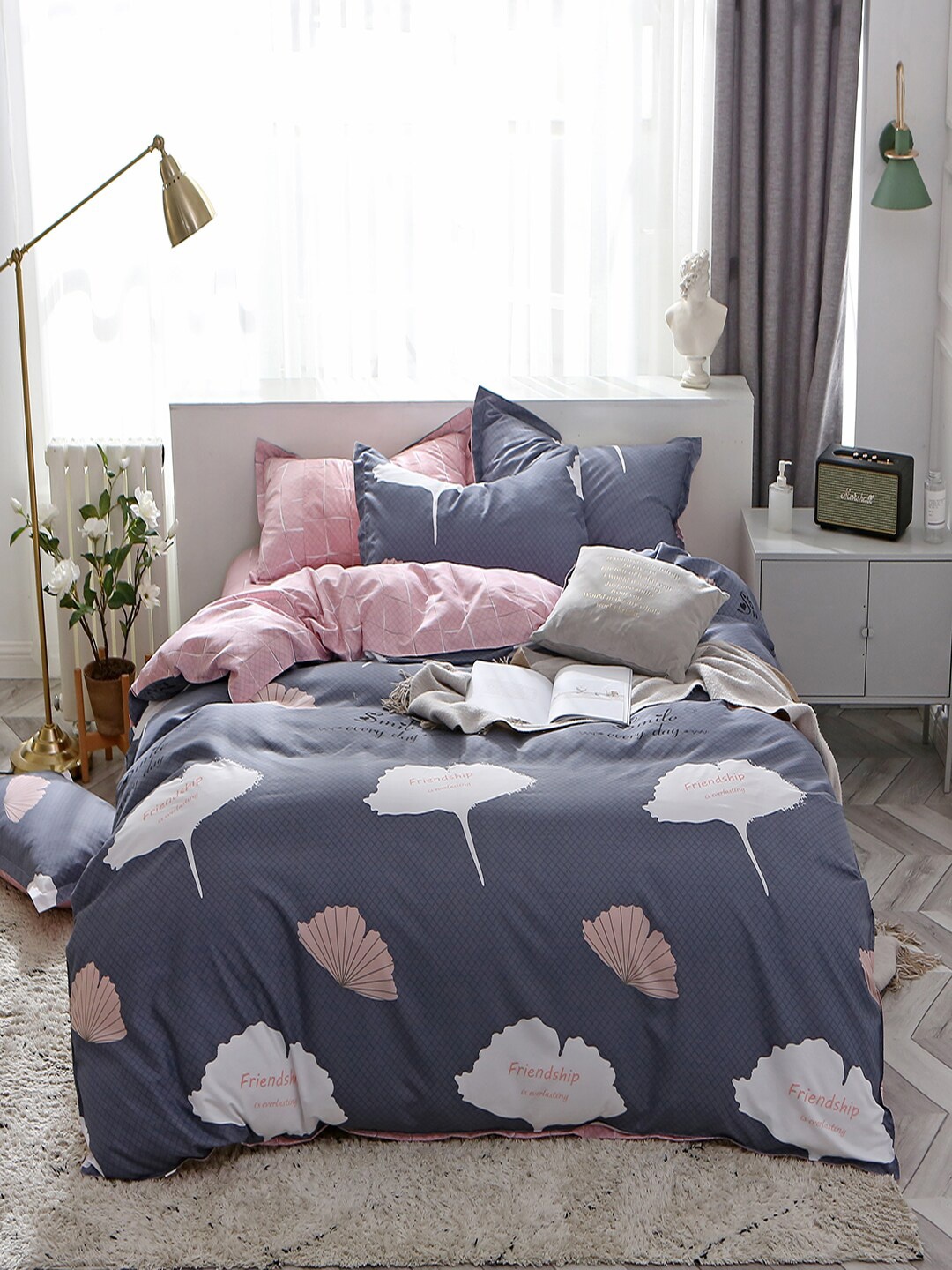 

JC Collection Grey & Pink Self-Designed Double Queen Bedding Set