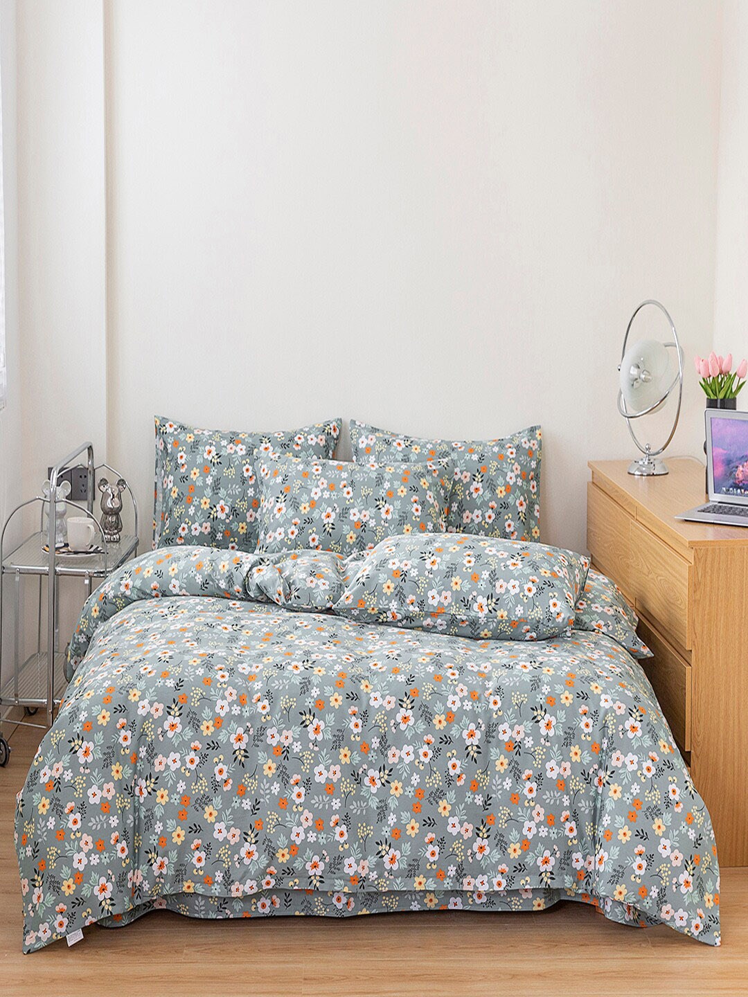

JC Collection Grey & Orange Floral Printed Double XL Bedding Set