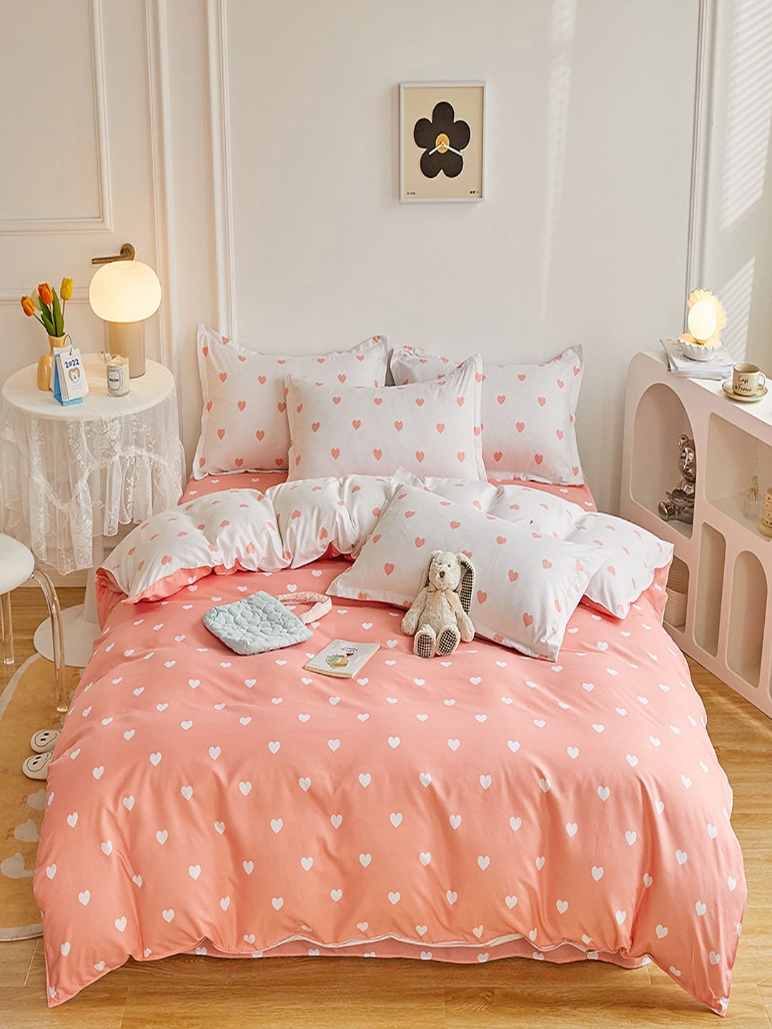 

JC HOME Pink & White Printed Single Bedding Set