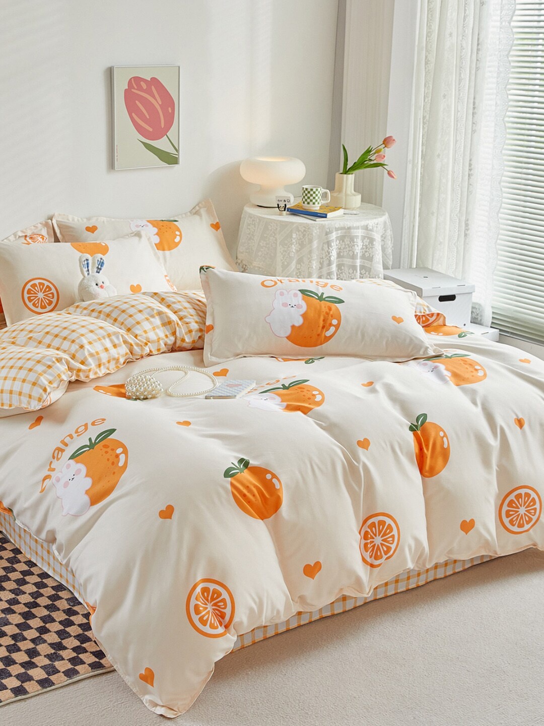 

JC HOME White & Orange-Color Printed Double King Bedding Set