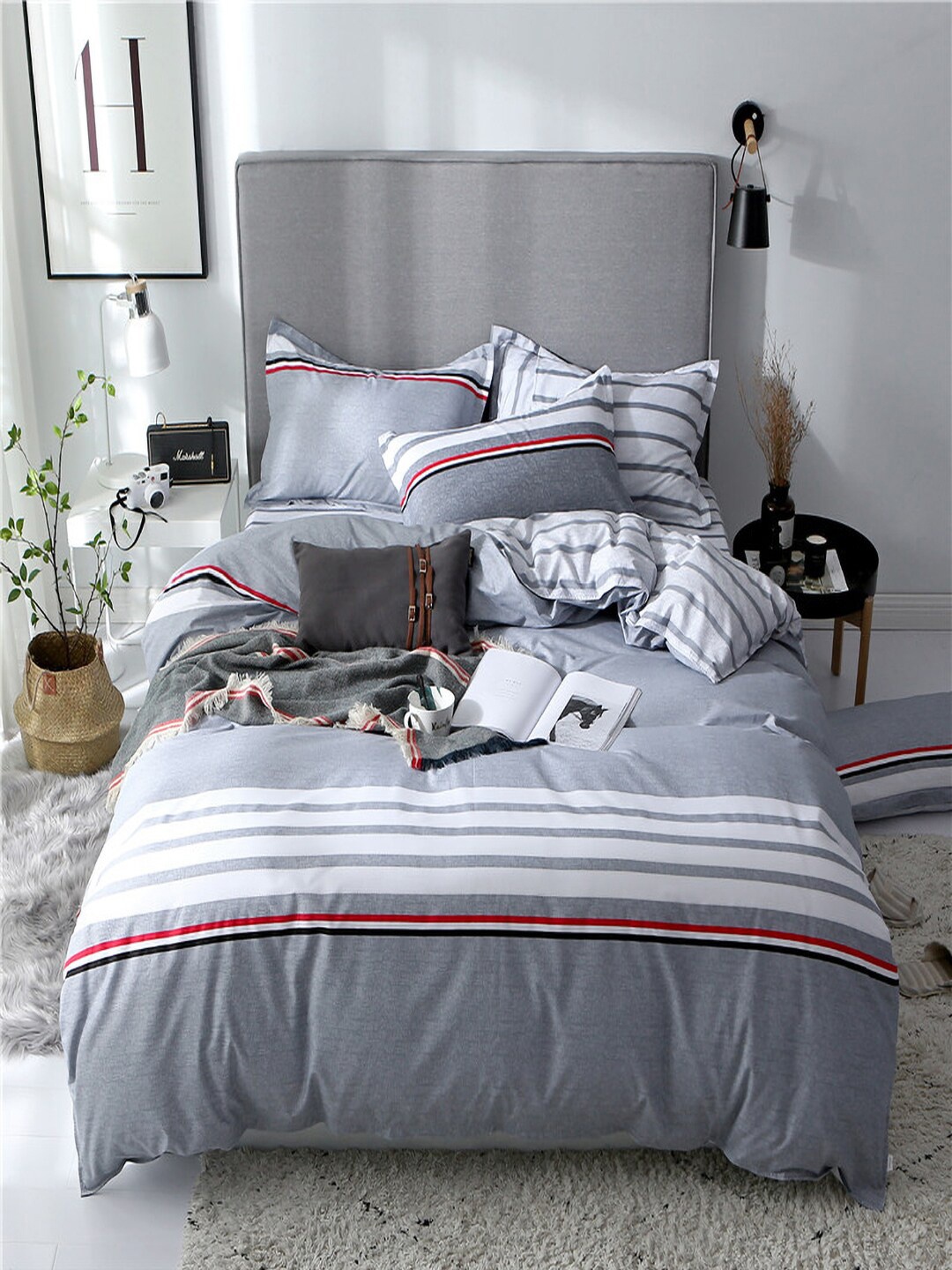 

JC Collection Grey & Red Striped Double Extra Large Bedding Set