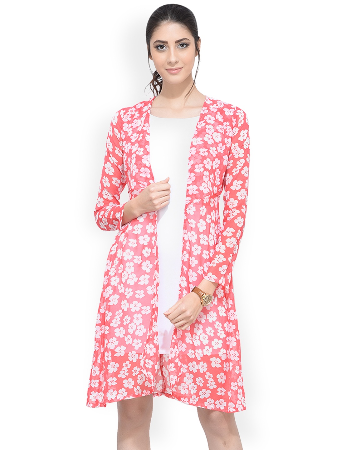 SCORPIUS Coral & White Printed Open Front Shrug