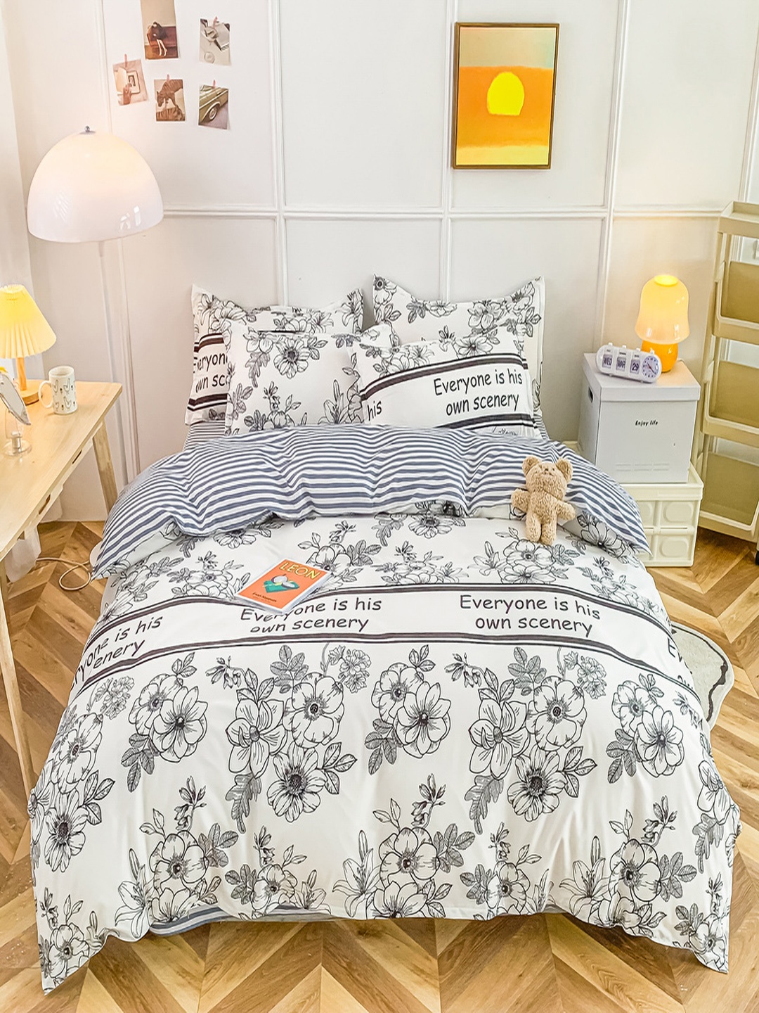 

JC Collection White & Grey Floral Printed Double King Bedding Set