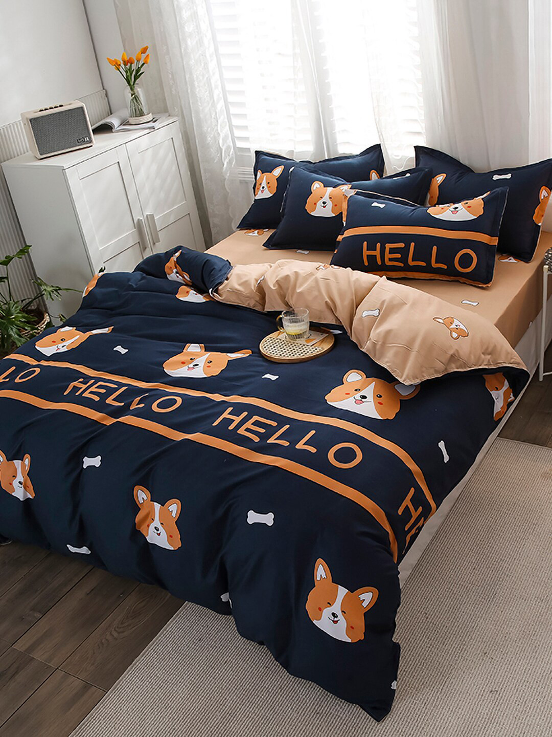 

JC Collection Khaki-Brown & Navy Blue Printed Double King Bedding Set